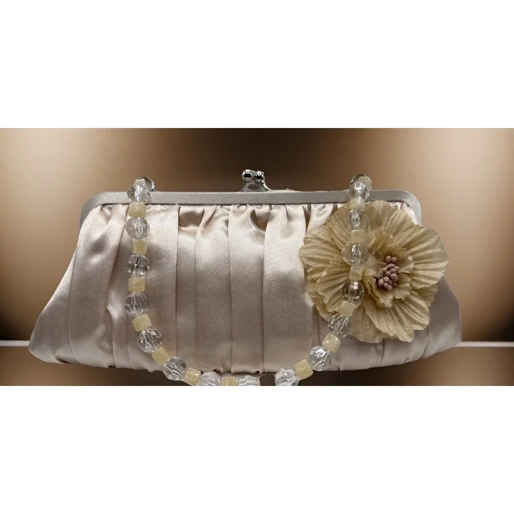 Vintage‎ Champagne Satin Pleated Evening Clutch with Beaded Strap By Sasha NY